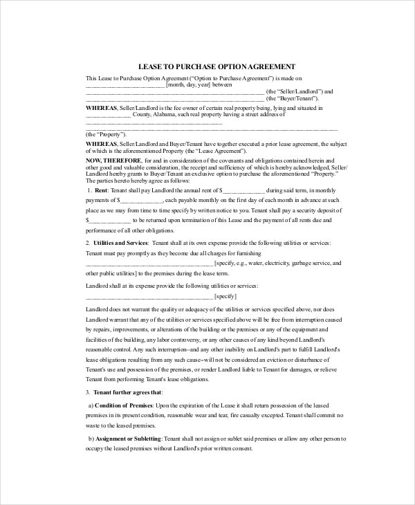 Lease to purchase agreement form